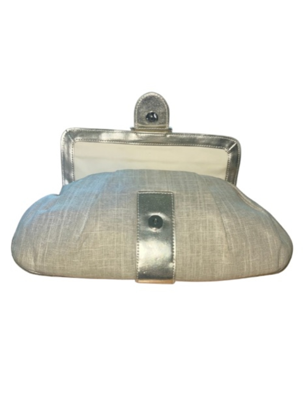 White House Black Market Silver and Tan Linen Braided Buckle Evening Clutch - Picture 8 of 13